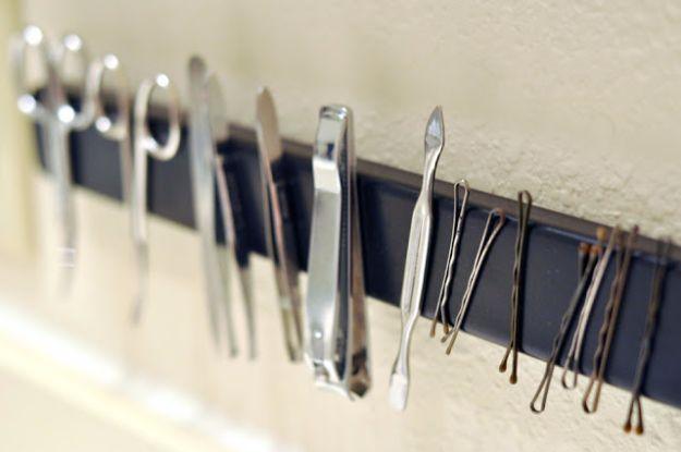 DIY Magnetic Bathroom Rack, a popular choice on this list and a simple way to organize a small bathroom