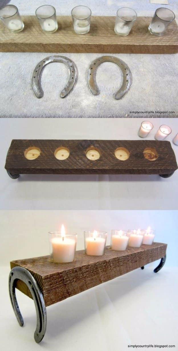 DIY Renters Decor Ideas - Repurposed Horseshoe and Chunk of Wood Votives - Cool DIY Projects for Those Renting Aparments, Condos or Dorm Rooms - Easy Temporary Wall Art, Contact Pa