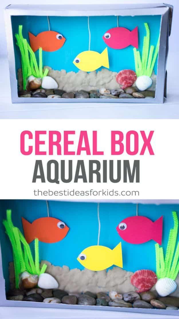 Cereal box aquarium with blue paper water, orange and pink paper fish, green seaweed and pebbles, shown in two panels