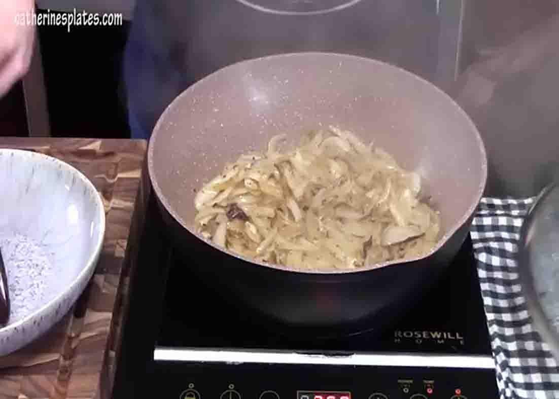 Caramelizing the onions for the ground beef and rice skillet