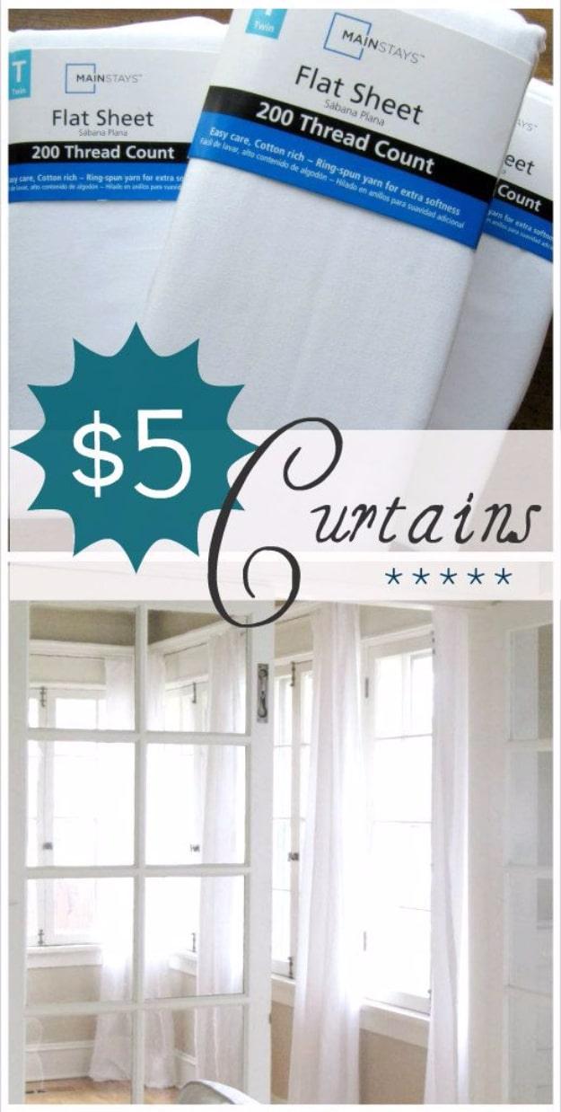 Collage of packaged twin flat sheets above the finished plain white sheet curtains hanging at sunroom windows