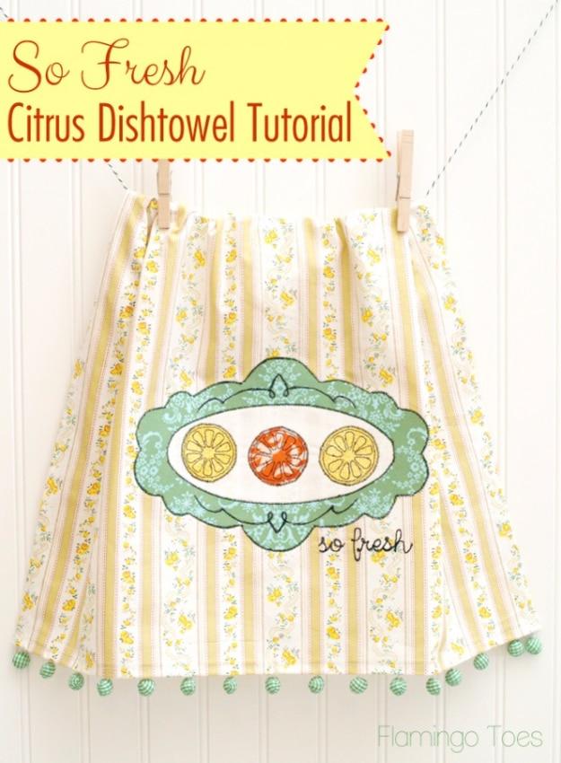Citrus Embroidered Dishtowel, a sewing gift, low mess and low stress to make and a look that photographs beautifully