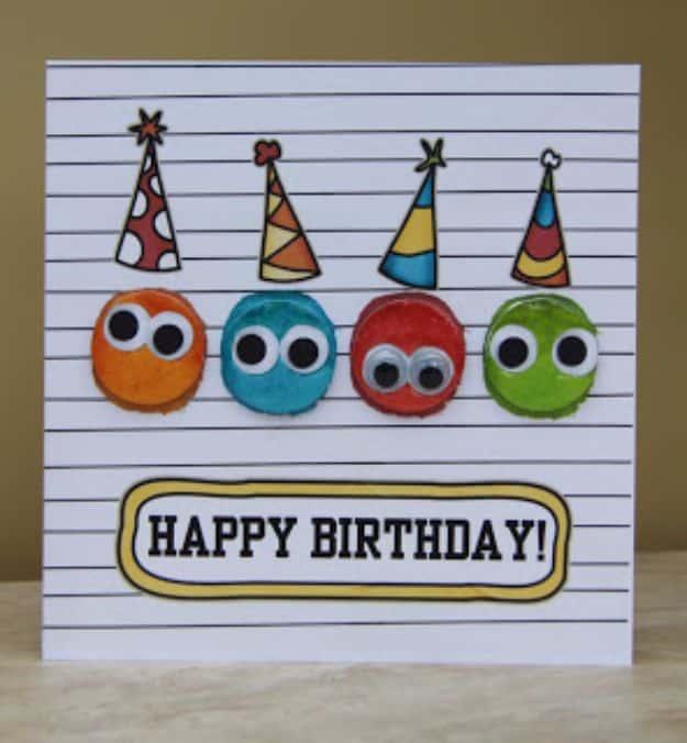 Birthday card for kids made with glued on googly eyes that little ones can help stick on themselves for the whole family