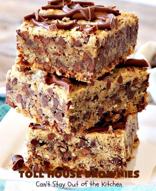 Toll House brownies stacked three high, thick pale bars loaded with chocolate chips under a chocolate glaze