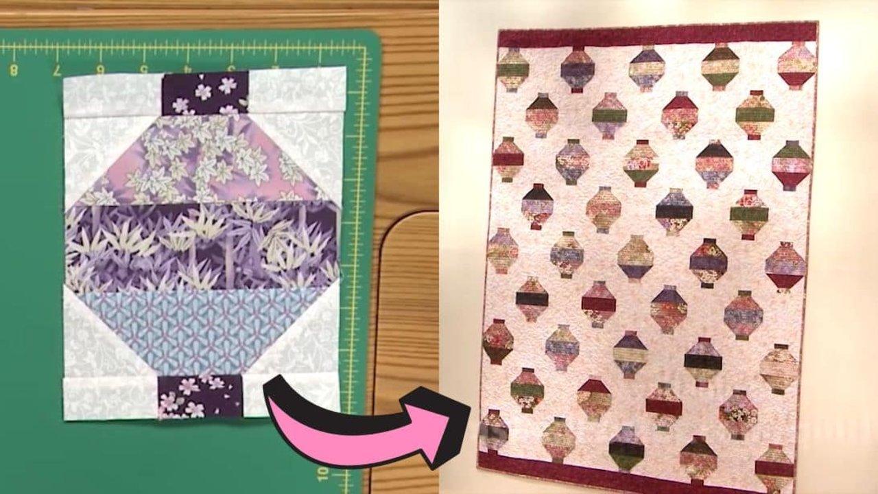 Pieced purple lantern quilt block on a green cutting mat, a pink arrow graphic, and a finished pink lantern wall quilt