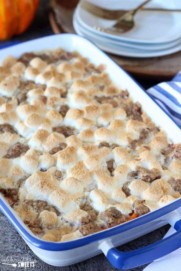Sweet Potato Recipes - Sweet Potato Casserole with Marshmallows and Streusel - Easy Recipe Ideas for Sweet Potatoes in the Crockpot, Casserole Dishes, Baked, Mashed, Candied and Ro