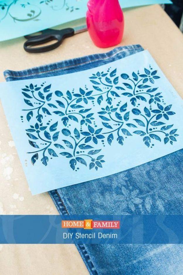 Home and Family DIY stencil denim graphic with a blue floral stencil, a pink bottle and scissors on jeans