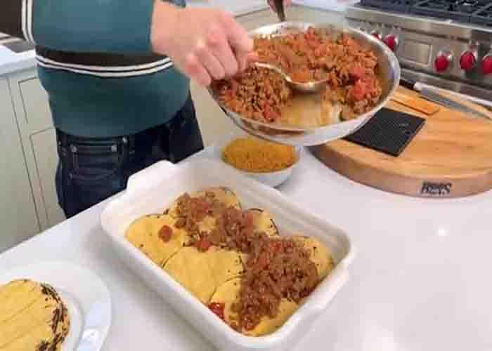 Assembling the taco squares casserole