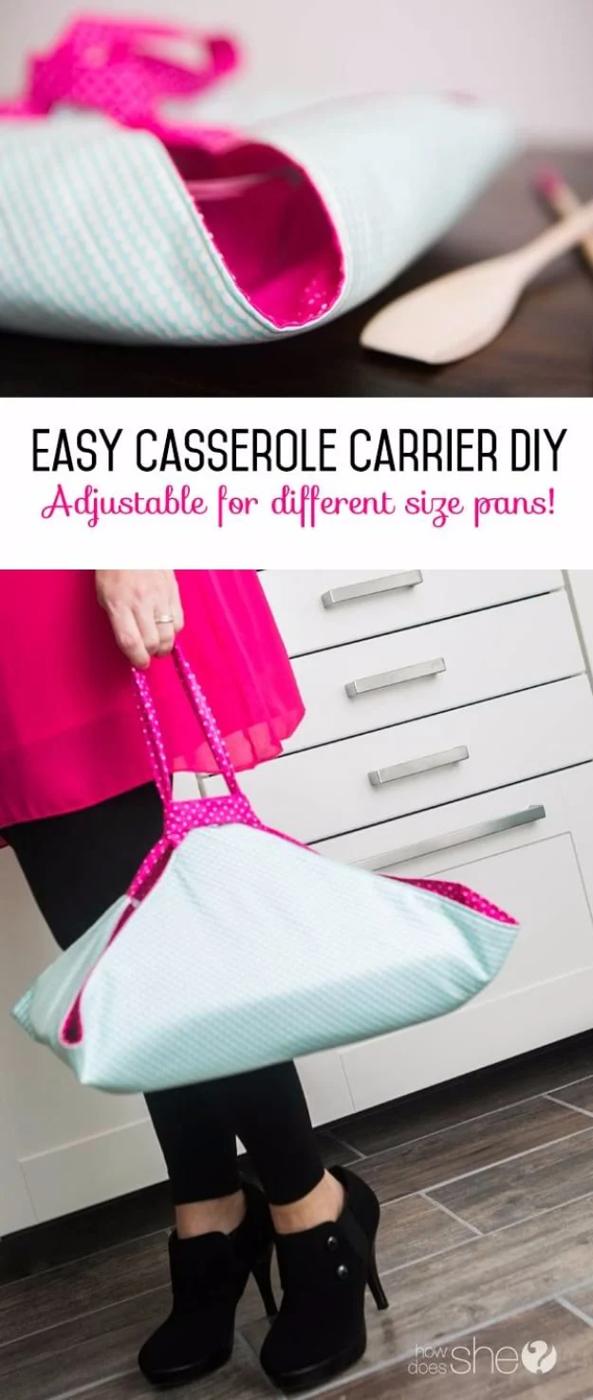 An insulated casserole carrier in quilted cotton with webbing handles, wrapped around a covered baking dish.