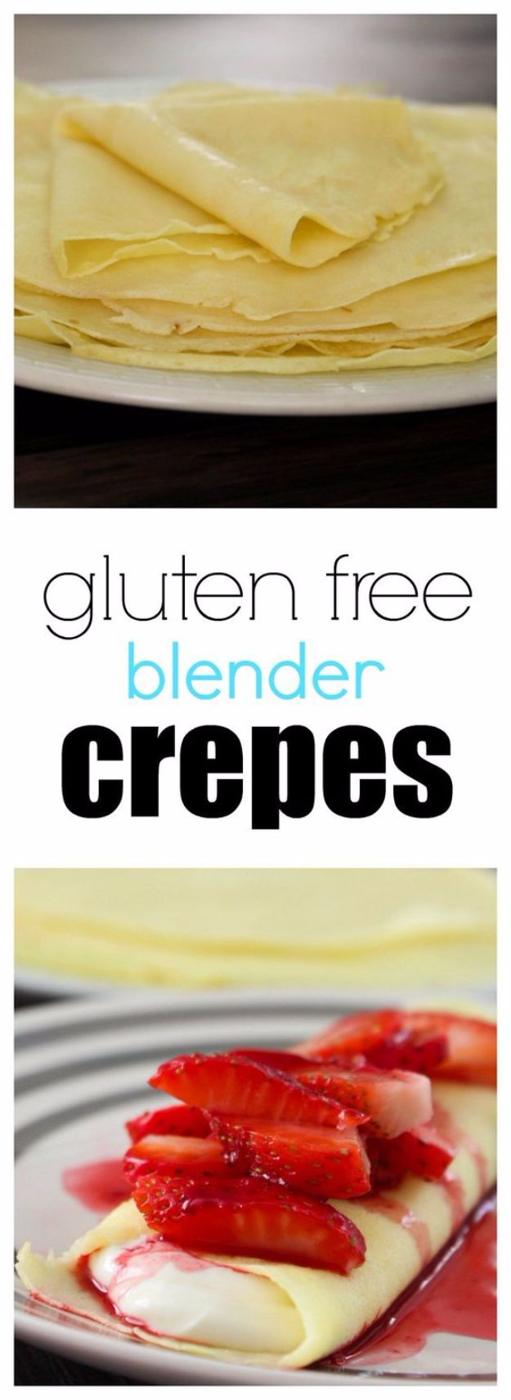 Three panel pin graphic of a stack of folded gluten free crepes above one filled crepe topped with strawberries