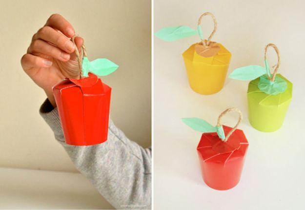 DIY apple craft with homemade harvest project and apple-season decorating idea, showing the finished paper cup apples