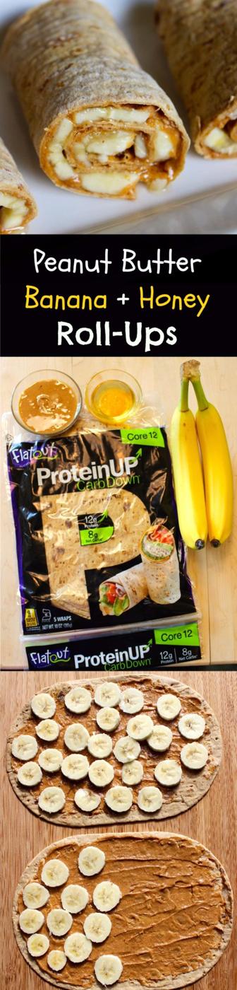 Peanut butter banana and honey roll ups sliced into spirals on a plate, an easy no cook kids snack recipe