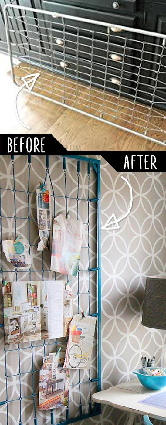 Before and after collage of a bare metal crib spring above the same spring painted teal and hung as a wall display