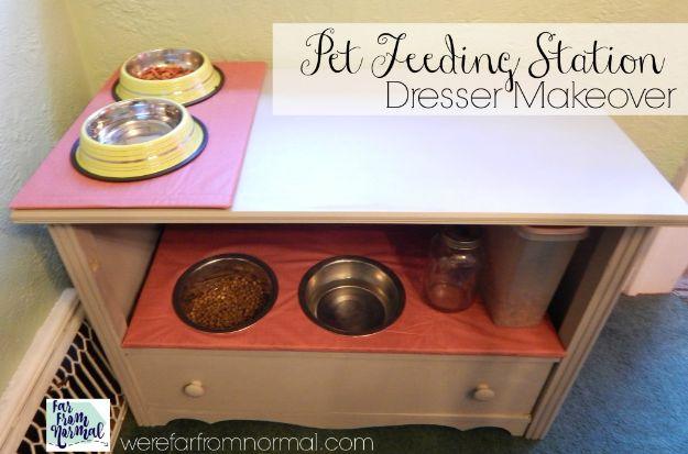 DIY Pet Bowls And Feeding Stations - DIY Pet Feeding Station Dresser Makeover - Easy Ideas for Serving Dog and Cat Food, Ways to Raise and Store Bowls - Organize Your Dog Food and