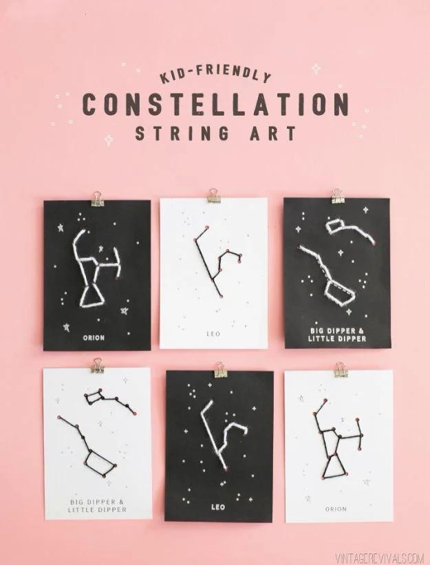 Six constellation lacing cards labelled Orion, Leo and the Big Dipper with string stitched between star points