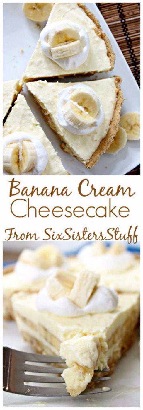 Two panel typeset graphic titled Banana Cream Cheesecake, slices with whipped cream and banana on white plates