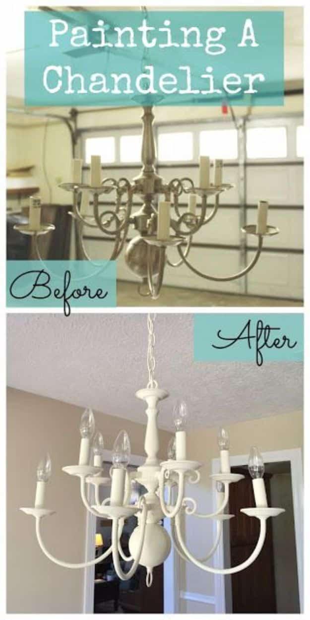 Chandelier makeover painted chalky Old White, shown as a before and after pair with the dated brass fixture above