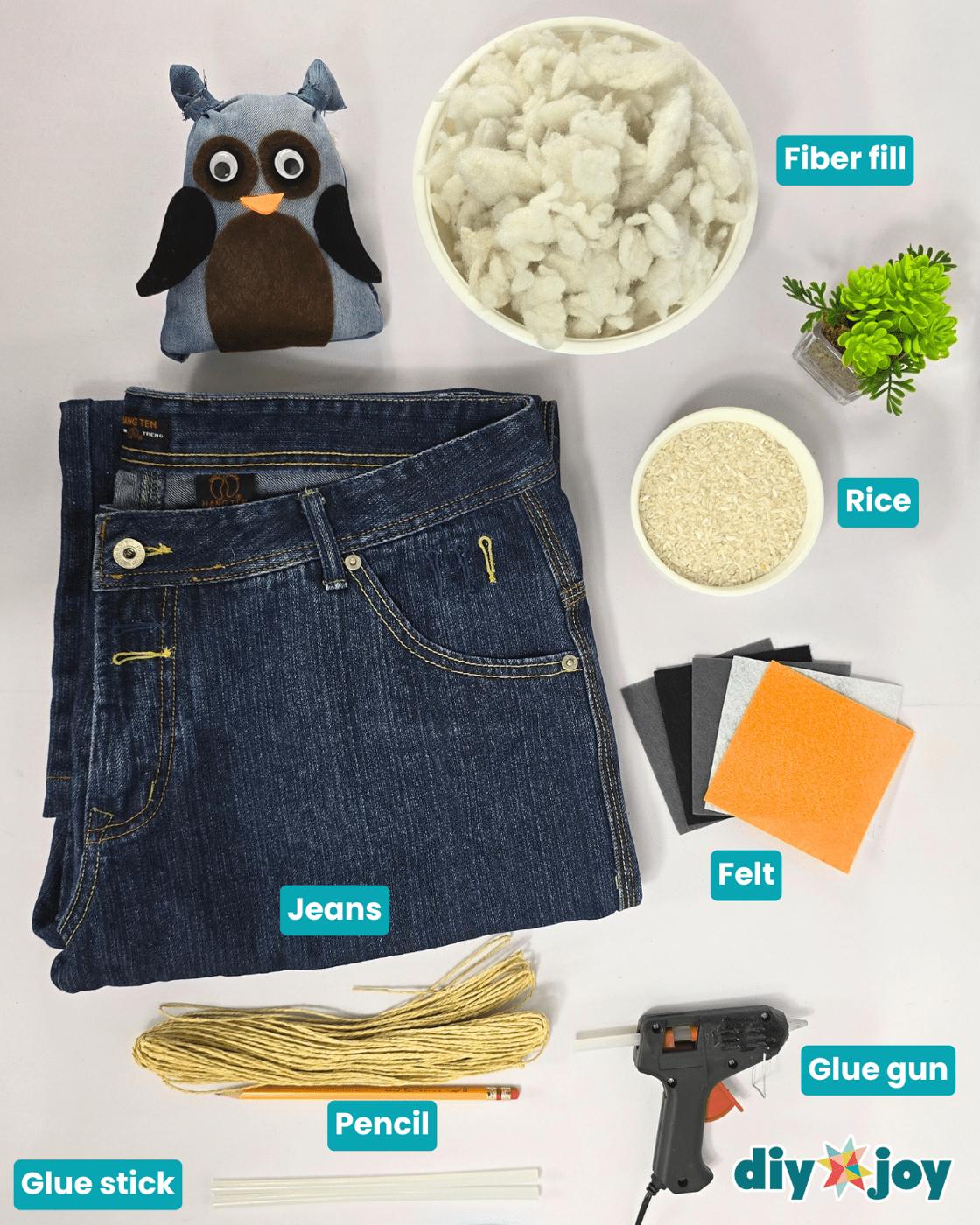 Homemade No Sew Denim Owl — materials for denim owl