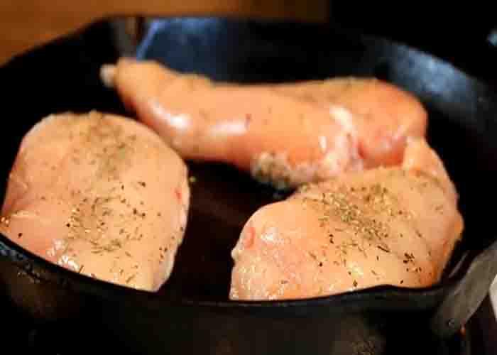 Searing the chicken for the one-pan French onion chicken recipe