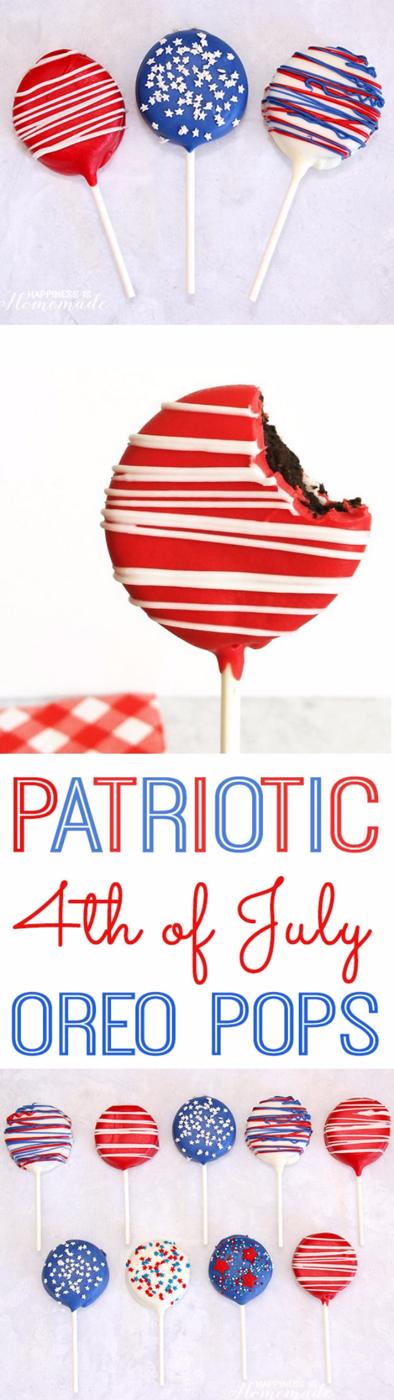 Oreo pops dipped and drizzled red white and blue for an easy Fourth of July dessert for the whole family