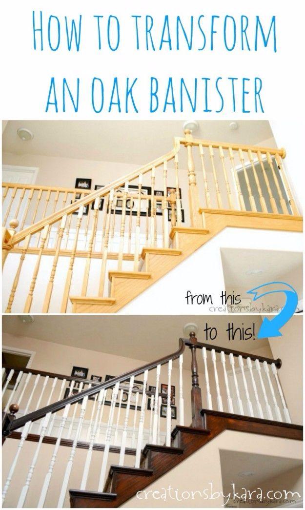 Titled graphic How To Transform An Oak Banister, golden oak staircase above the same rail dark with white spindles