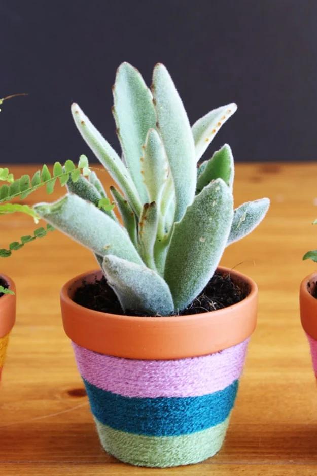 Yarn Wrapped Flower Pots, a cozy handmade piece for the home and an easy project for a beginner crafter
