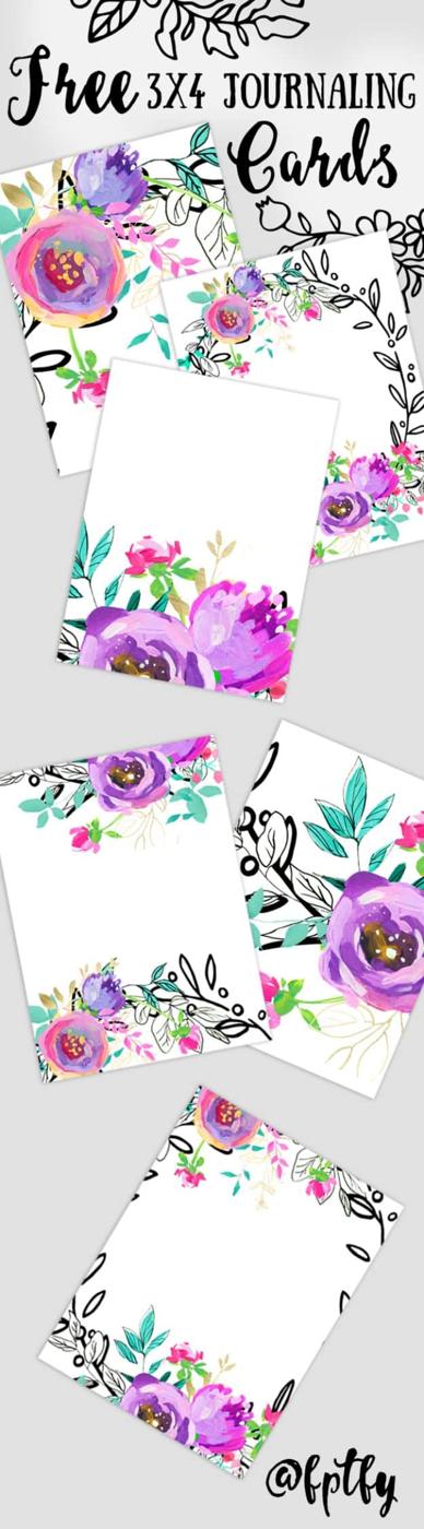Free printable 3x4 journaling cards with mint and purple watercolor flowers and blank space to write on