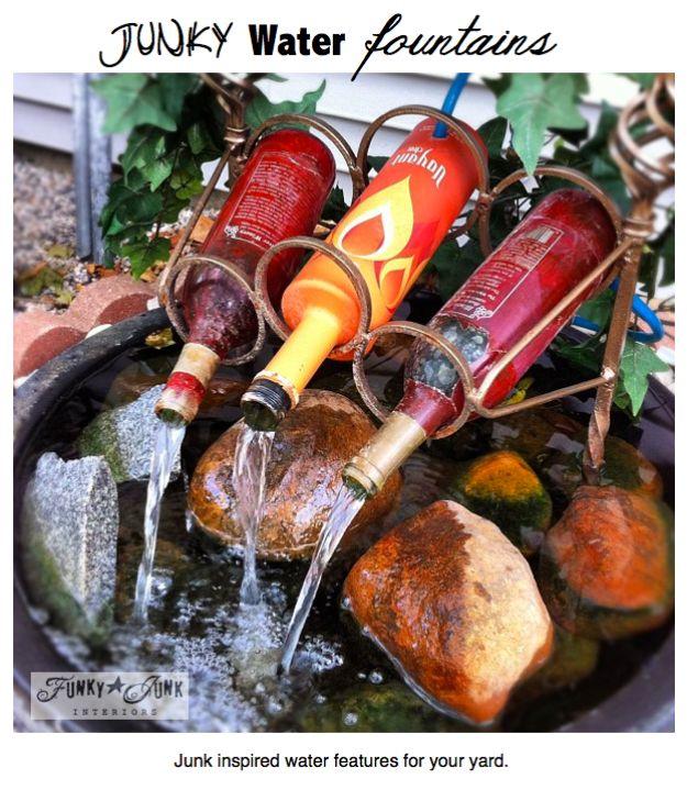 Junky Water Fountains graphic showing wine bottles in copper holders pouring into a stone basin of rocks