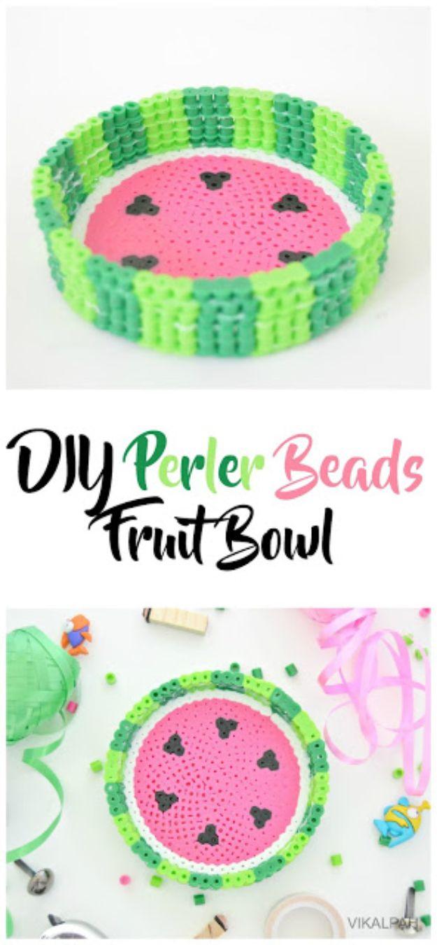 DIY perler beads fruit bowl, a watermelon patterned round bead bowl above a photo of the flat beaded base