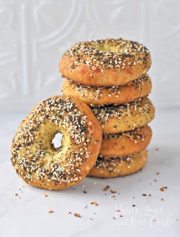 Low carb keto everything bagels stacked in a pile, topped with sesame and poppy seed bagel seasoning