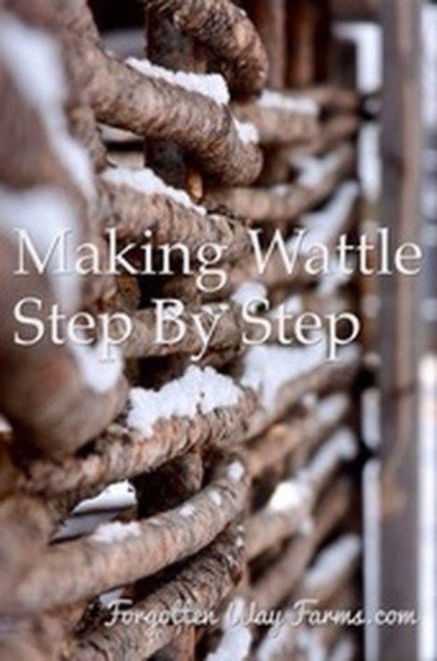 Wattle fence, a close view of thick woven branches threaded between upright stakes with snow sitting on the top edges