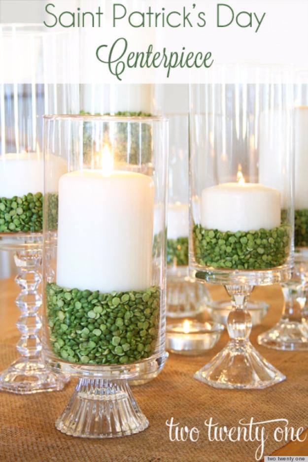 DIY St Patricks Day Ideas - Candle Centerpiece With Green Split Peas - Food and Best Recipes, Decorations and Home Decor, Party Ideas - Cupcakes, Drinks, Festive St Patrick Day Par