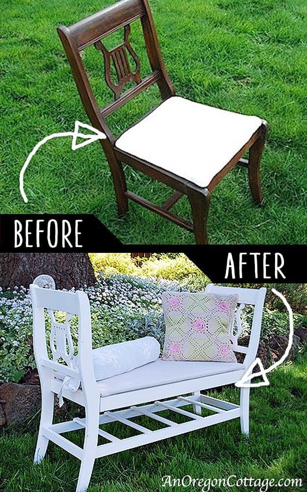 Collage of a carved dark dining chair on grass above a white painted two seat garden bench made from two of them