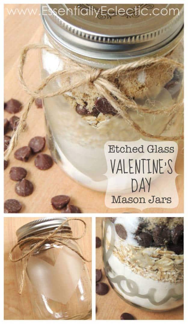 Mason jar with an etched frosted heart design on the glass, a handmade Valentine's Day gift idea for Valentine's decorating
