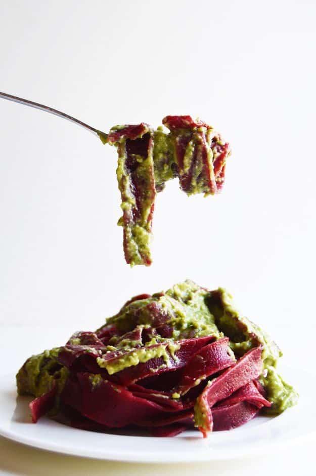 Veggie Noodle Recipes - Homemade Roasted Beetroot Fettuccine with Avocado Pesto - How to Cook With Veggie Noodles - Healthy Pasta Recipe Ideas - How to Make Veggie Noodles With Car