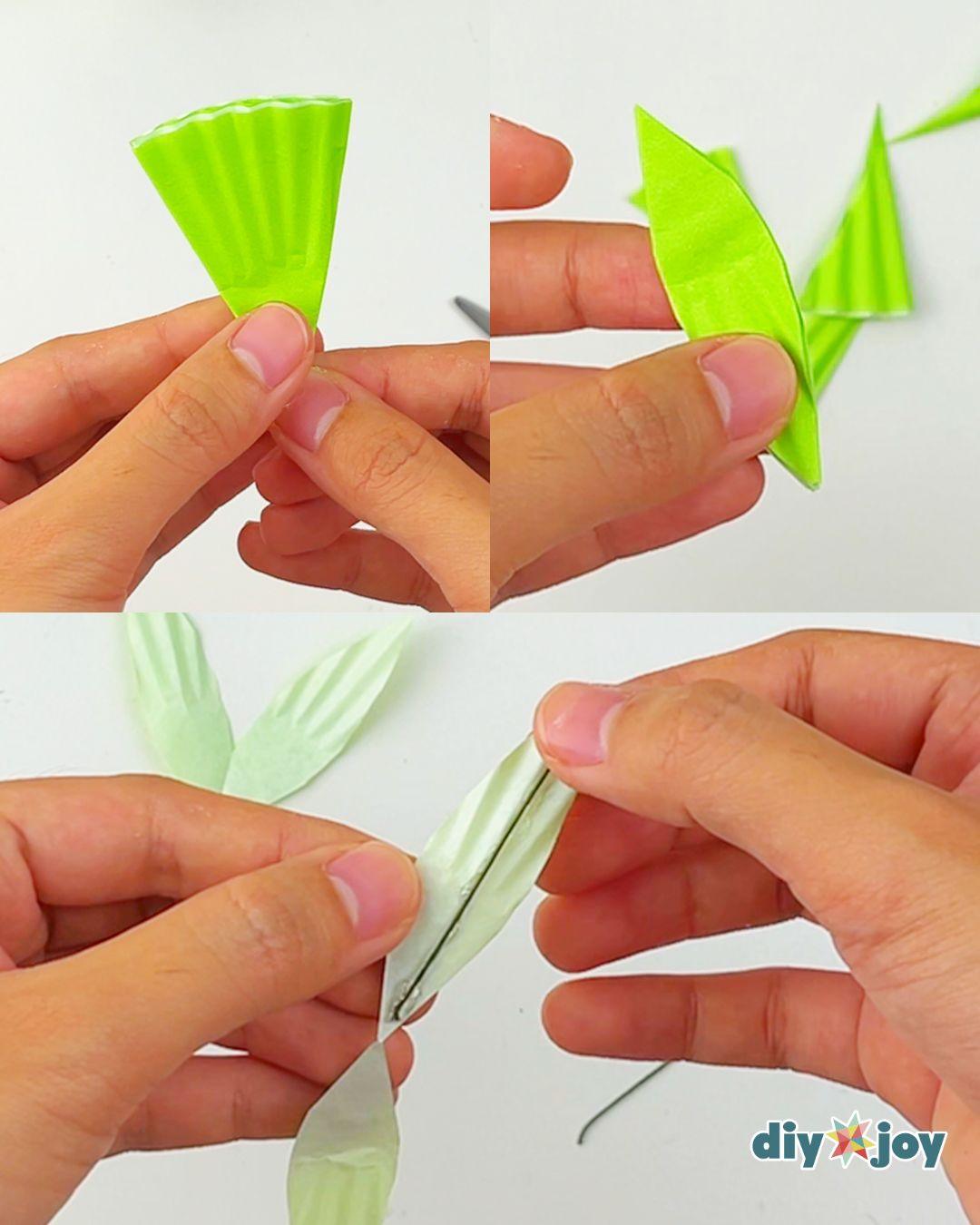Paper Flower Bouquet Using Cupcake Liners — making the leaves