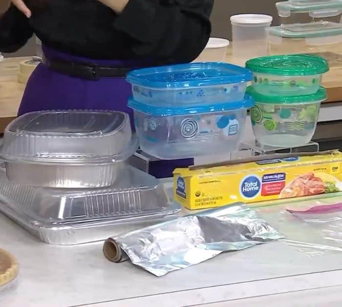 Mashed potatoes frozen flat in labeled freezer bags, a make ahead tip for prepping your Thanksgiving kitchen