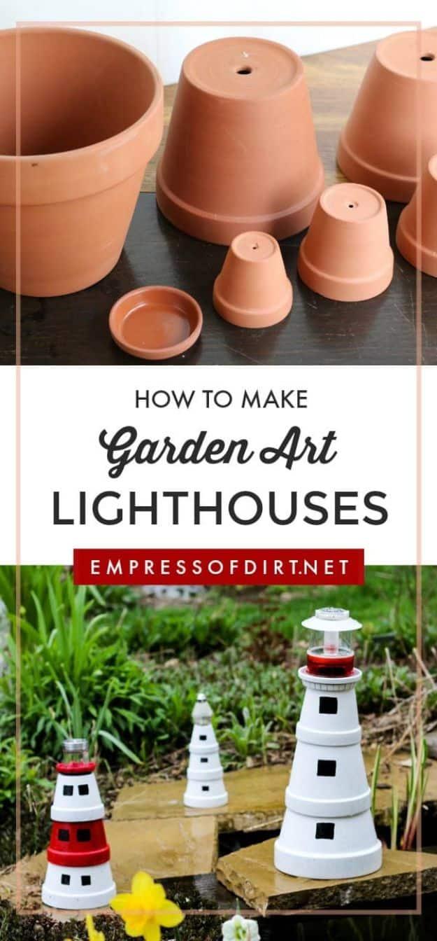 DIY Ideas for Clay Pots - Make a Garden Art Lighthouse from Clay Pots - Cute Gardening Projects Tutorials for Decorating Pots - Pretty Rustic and Farmhouse Planters for Cheap Home
