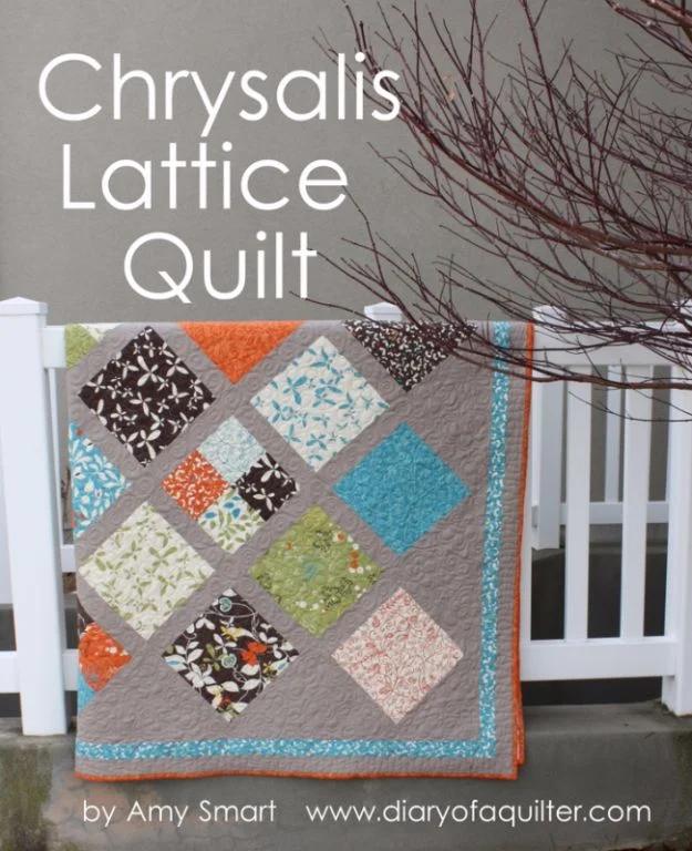 Chrysalis lattice quilt title graphic, print squares on point in gray lattice with orange binding on a porch rail