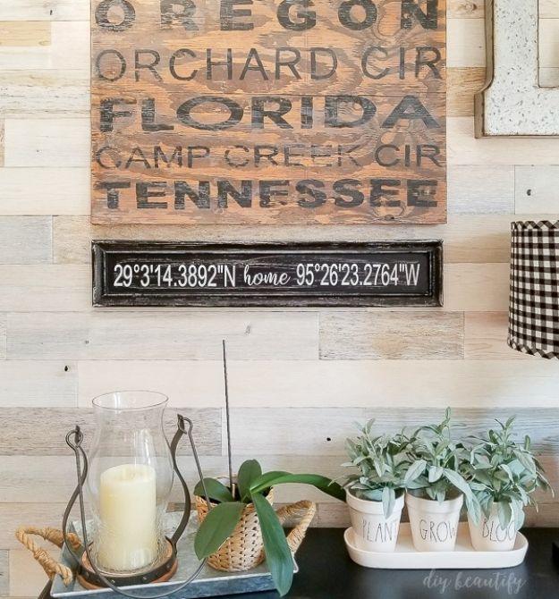 DIY Sign with GPS Coordinates, budget friendly using stuff already sitting in a bin and a detail guests always ask about