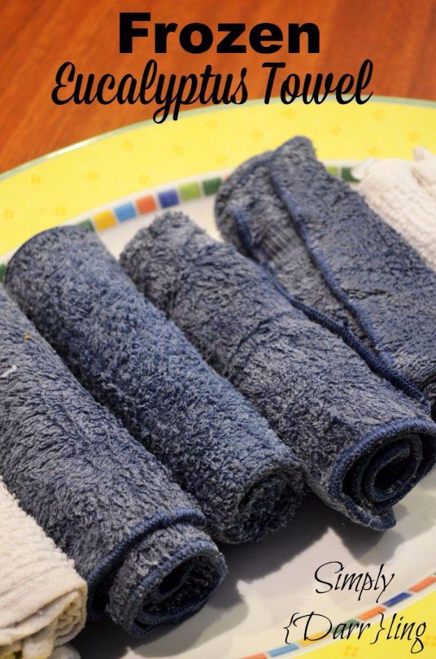 Frozen eucalyptus towels graphic, three rolled gray washcloths on a yellow rimmed plate with the recipe title above