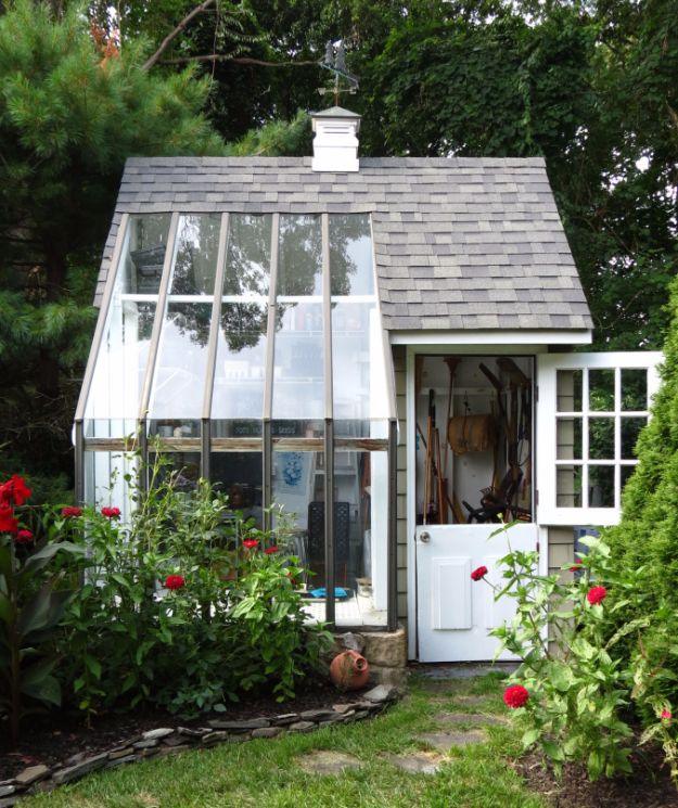 Multifunctional potting shed, a shingled shed with a cupola and a sloping glass seed starting room on the front