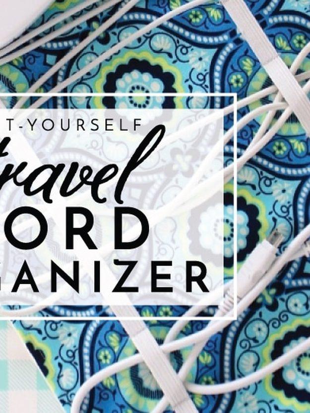 Graphic reading Do It Yourself Travel Cord Organizer over blue paisley fabric with white elastic rows