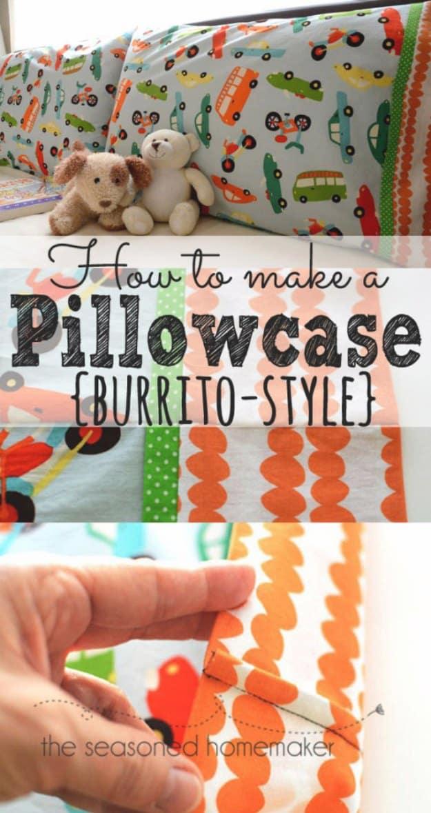 How to make a pillowcase burrito style, a collage of an airplane print pillowcase with orange ric rac trim and hands