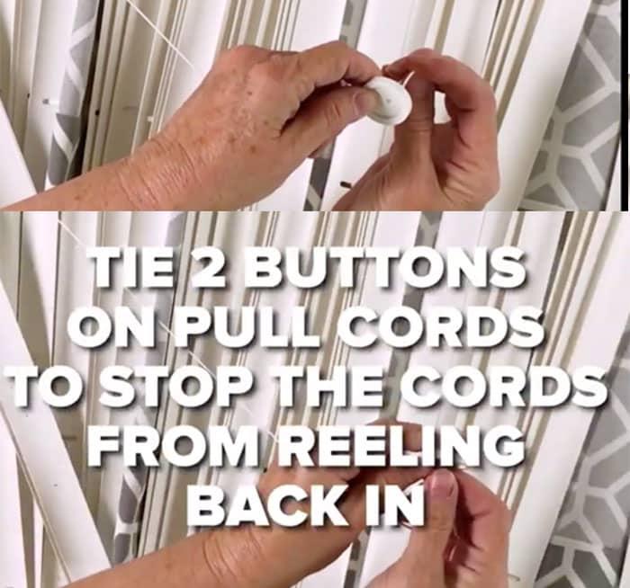 $12 diy roman shade made from a mini blind step by step — tie buttons to keep cords roman shade reeling in