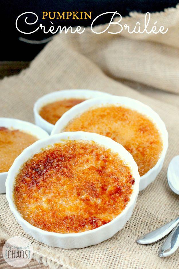 Pumpkin creme brulee recipe graphic over four white ramekins of custard with torched caramelized tops