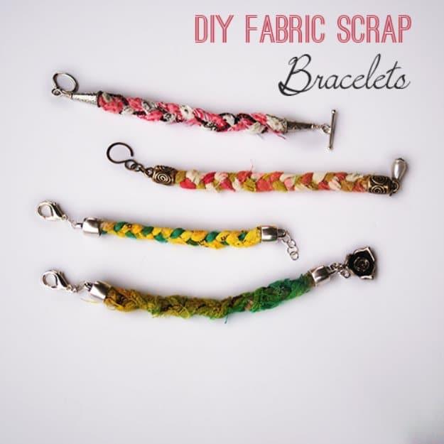 Four braided fabric scrap bracelets in pink, yellow and green prints with silver end caps and toggle clasps