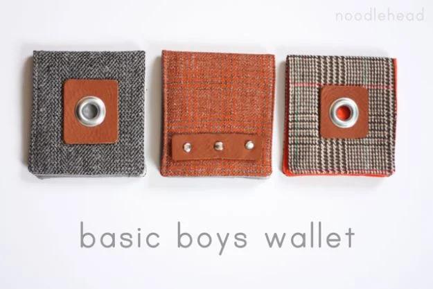 Basic boys wallet, three small tweed and plaid wallets with brown leather patches, grommets and silver rivets