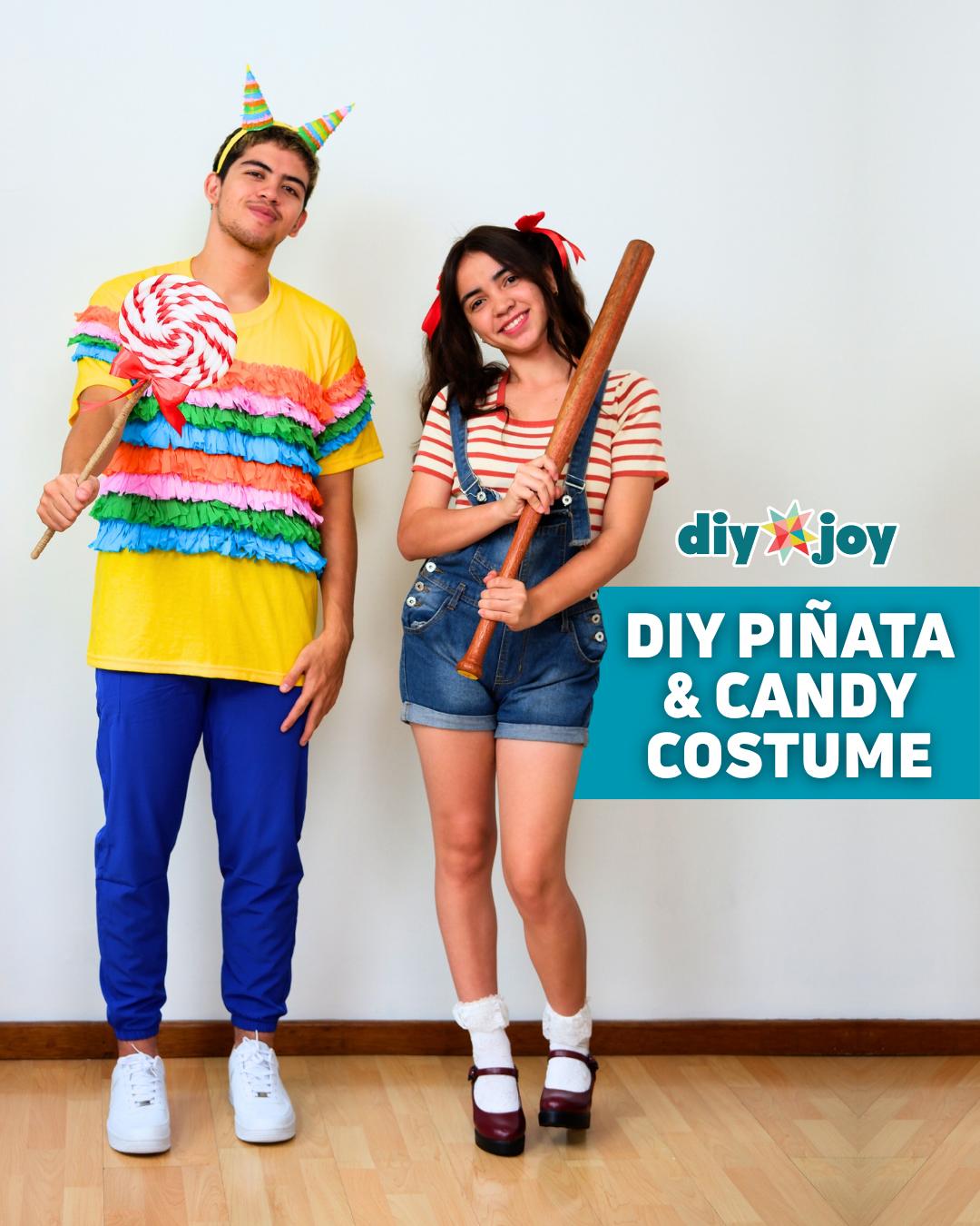 Matching Halloween Costumes - a vertical share graphic of both costumed people with a teal banner naming the costume
