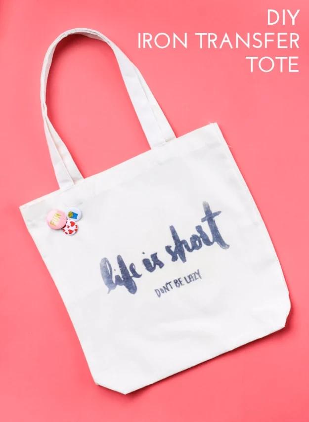 DIY office gift: an iron transfer tote sewn from a simple rectangle pattern with long comfortable straps